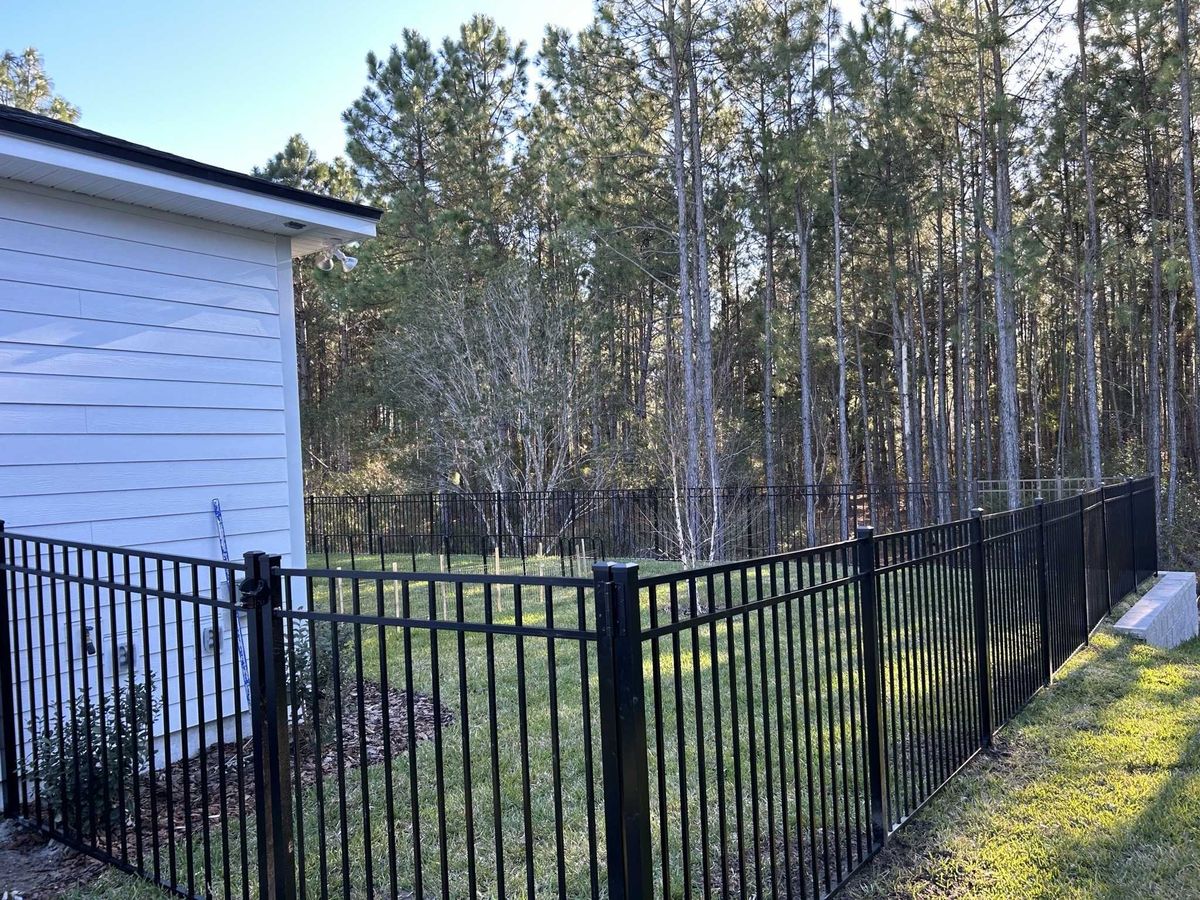 Black aluminum fence among pine trees